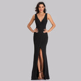 New Black Mermaid Evening Dress Gown Elegant Sexy V-neck Pleated Waist High Slit Taffta Banquet Dinner Prom Party Dress Vestidos