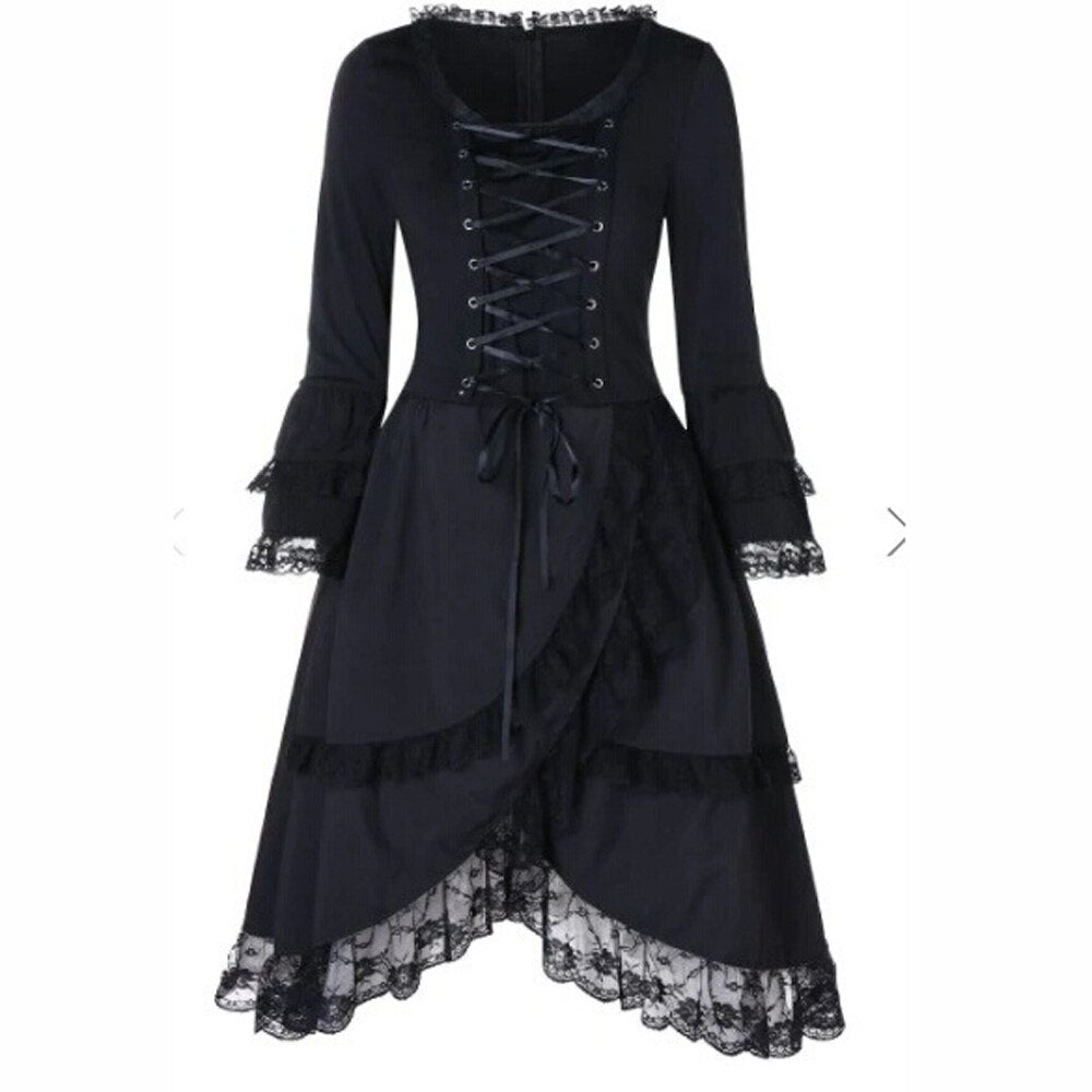 Emo Alt Gothic Punk Midi Dress Lace Up High Low Women Autumn Long Sleeve Plus Size 5XL Black Vintage Victorian Party Dresses