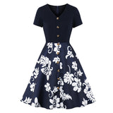 Red Single Breasted Button Front Botanical Print Flare Summer V-Neck Pocket Side Vintage Dress