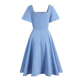 Square Neck 50s Vintage Blue Elegant Solid Swing Women Short Sleeve Summer New Retro Plain Dress