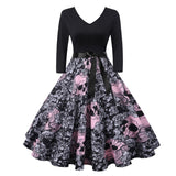 Women V Neck Vintage 50s Pin up Robe Elegant Party Halloween 3/4 Length Sleeve Autumn Belted A Line Dress