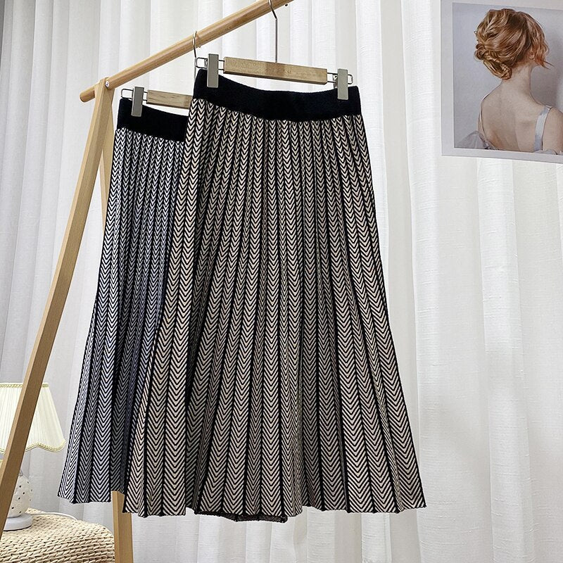 Women Elastic High Waist Winter Pleated Skirts Casual Geometric Knitted Midi Long Skirt