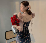 2023 Autumn Vintage Floral Dress Women Casual Korea Fashion Backless Elegant Dress Lady Long Sleeve Evening Party Dress Bandage