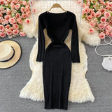 Sweetheart Neck Long Sleeve Elegant Knitted Dress Autumn Winter Slit Sexy Bodycon Dress