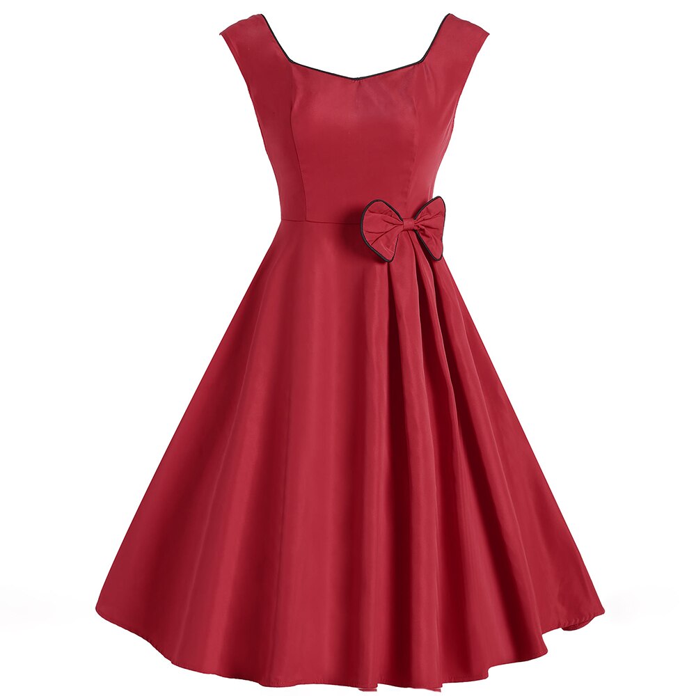 Elegant Summer Women Vintage Dress Sexy Pleated Fashion Bow A Line Solid Black Red Sleeveless 50s Audrey Hepburn Party Dresses