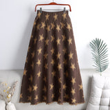 Contrast Color Star Pattern Casual Elastic High Waist Frayed Hem A Line Knit Midi Skirt