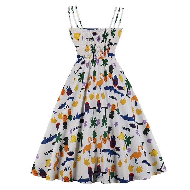 Multicolor Graphic Print Cute Bow Front Summer Swing Dress Women Retro Spaghetti Strap Pin Up Party Dresses Vintage