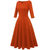 Solid Autumn Woman Dress 50s 60s Casual Slim Three Quarter Sleeve A Line Tunic Women Vintage Sundress Office Midi Party Dress