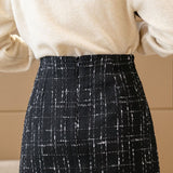 Fashion Button High Waist Wrap A Line Mini Skirt Office Lady Elegant Vintage Checked Tweed Skirt