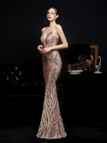 Sexy Backless V Neck Cocktail Dress Sleeveless Suspender Party Dress Floor Length Sequins Mermaid Robes Women Vestidoes New