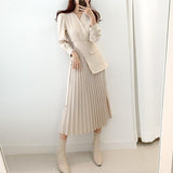 Elegant Office Lady Side Belted Overlay Pleated Dress Crossover V Neck Long Sleeve Midi Dress