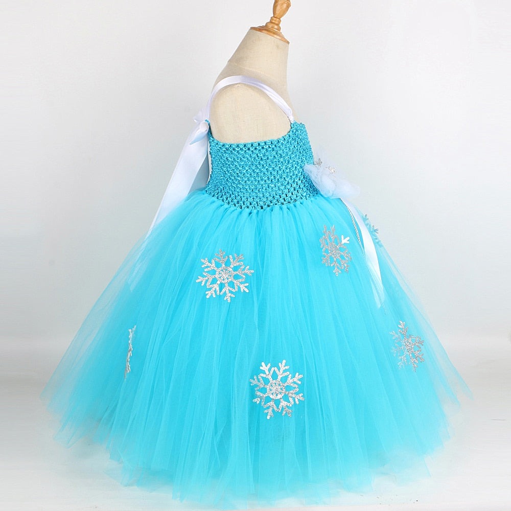 Princess Elsa Long Dress for Girls Kids Birthday Halloween Costume Snow Queen Girl Tutu Dresses Full Length Child Cosplay Outfit