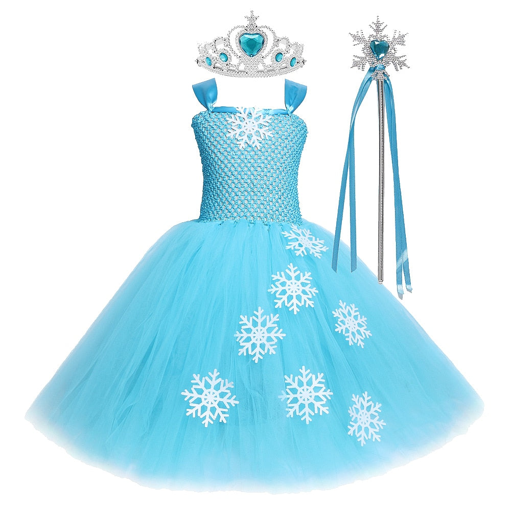 Blue Elsa Princess Dresses for Girls Kids Fancy Long Tutu Dress New Year Costume Girl Snow Queen Cosplay Costumes for Christmas