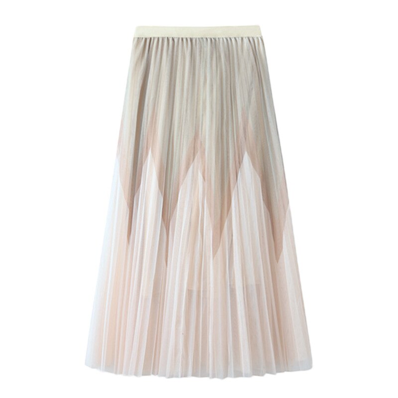 Women Summer A-Line Mesh Pleated Contrast Color Stretch High Waist Long Boho Skirt