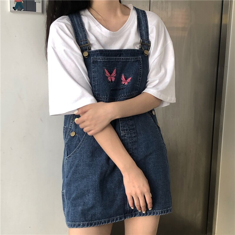 Retro embroidered butterfly denim loose strap dress