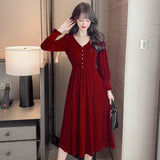 Women French Vintage Dress Button Front V-Neck A-line Dress Casual Slim Puff Sleeve Dresses Vestidos De Mujer