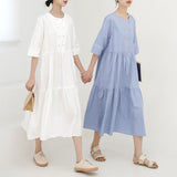 spring new Korean version of the Japanese fresh round neck short-sleeved solid color dress