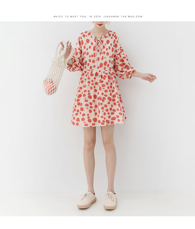 spring new Korean version of the Japanese cute red wave point loose dress children