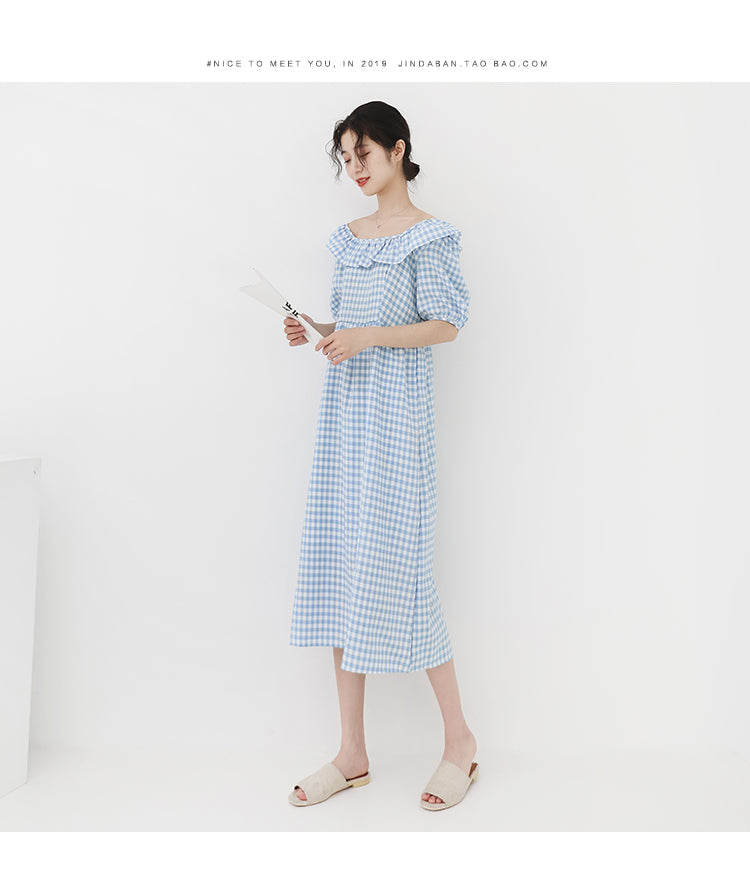 spring new Korean version of the Japanese cute plaid one shoulder dress