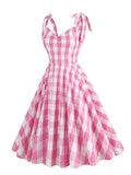 V-Neck Knot Strap Pink Plaid Summer Midi Dresses Birthday Clothes for Women A-Line Vintage Party Dress