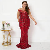 Plus Size Women Elegant Boat Neck Party Maxi Dress Off Shoulder Burgundy Sequin Evening Dress Long Prom Dress