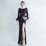 Stretch Feather Sequin Dress Full Sleeve Evening Night Long Party Maxi Dress