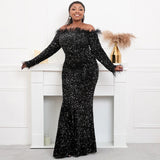 Plus Size Off Shoulder Feather Long Sleeve Black Sequin Dress Floor Length Evening Party Maxi Reflective Dress