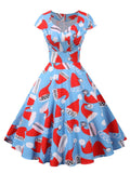 Snowflake Print Red V Neck Wrap High Waist Vintage Robe Women Christmas Birthday Cap Sleeve Elegant Party Dress