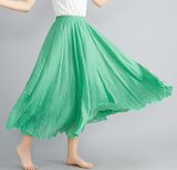 Cotton and Linen Elastic Waist Linen A-line Skirt Long Solid Color Ethnic Dress