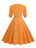 Orange Square Neck Ruched Bust High Waist Elegant Midi Dress Women 3/4 Length Sleeve Solid Vintage Cotton Dresses