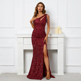 Sexy Slit Burgundy Sequin Women One Shoulder Beading Long Evening Party Maxi Dress