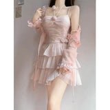 Two Pieces Set Pink Sexy Y2k Aesthetic Fairy Ball Gown Camisole Dress+Japanese Women Sweet Grunge Long Sleeve Cardigans