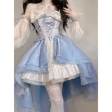 Elegant Girl Cosplay Princess Puff Sleeve Ribbon Bowknot Flower Tunic Mesh Fantastic Fairy Lolita Dress