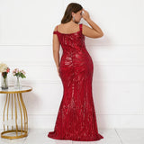 Plus Size Women Elegant Strap Party Maxi Dress Burgundy Sequin Evening Dress Long Prom Dress