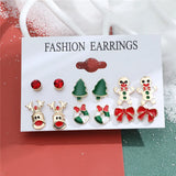 6 pairs Christmas Stud Earrings Xmas Tree Brown Elk Snowman Santa Claus Cute Earrings Gifts