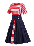 Red Striped and Navy Blue Button High Waist Women Vintage Pleated Dress Short Sleeve O-Neck Retro Clothes Midi Dresses