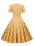 Square Neck High Waist Striped Vintage Clothes Ladies Midi Swing Dresses Cotton Elegant for Women Pocket Dress