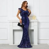 Stretch V Neck Blue Sequin Evening Dress Mermaid Long Party Maxi Prom Dress