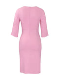 O-Neck Pink Solid Elegant Pencil Dresses 3/4 Length Sleeve Spring Women Ruched Front Midi Sheath Dress