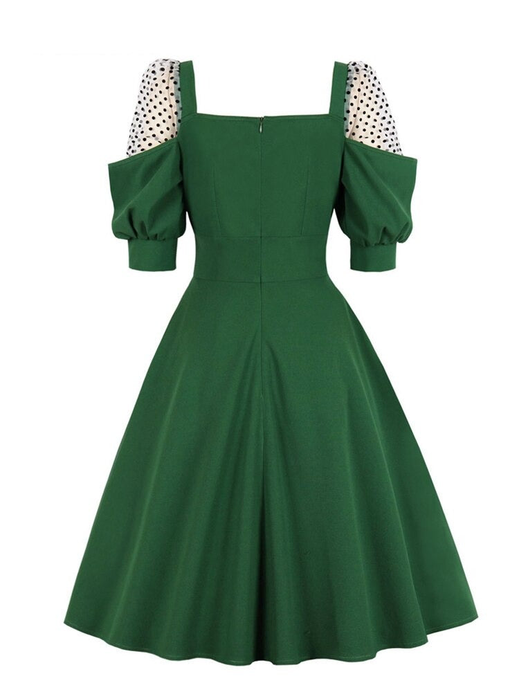 Square Neck Dotted Mesh Lantern Sleeve Women Vintage Green Swing Knee Length Elegant Party A-Line Dress