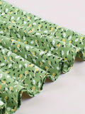 Square Neck Ruched Front Floral Elegant Dress Autumn Clothes for Women Long Puff Sleeve Vintage Green Midi Dresses