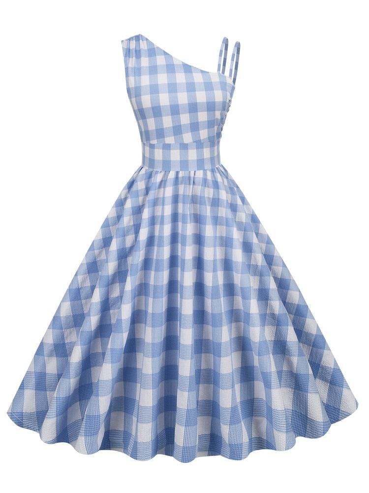 Blue and White Plaid High Waist Slim Pleated Midi Elegant Party Women Summer Vintage Dress