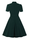 Twist Stand Collar Cut Out Front Party High Waist Ruched Dress Vintage Summer Women Pocket Side Green Swing Dresses