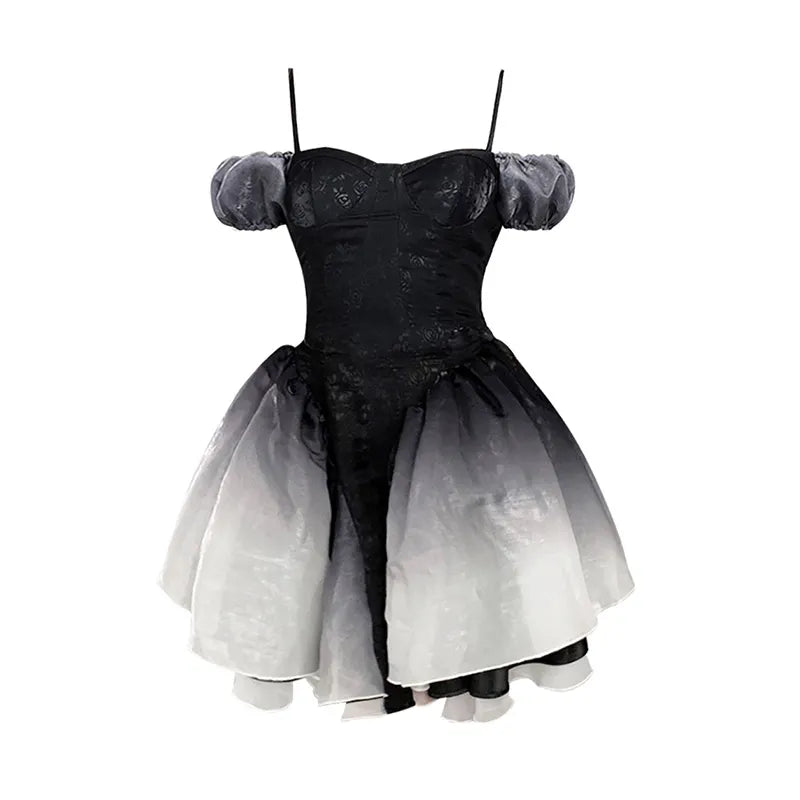 Black Elegant Party Mini Women Princess Bow France Vintage Backless Puff Sleeve Summer Dress