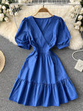 Ruffle Hem Short Puff Sleeve Dress Ladies Crossover V Neck Solid Casual Mini Dress