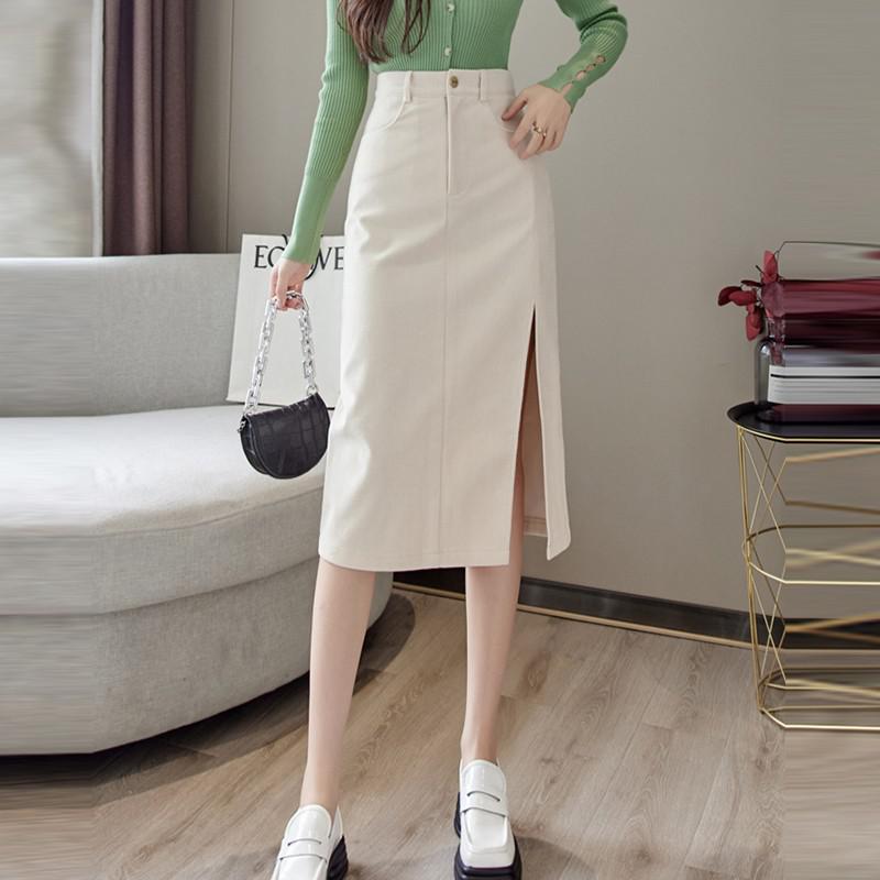 Women Casual Spring Korean Style Vintage Corduroy All-match Ladies Elegant High Waist Pencil Skirt