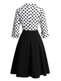 White and Black Two Tone Polka Dot Elegant Vintage Midi Dresses Women V-Neck Three Quarter Sleeve 50s Retro Dress