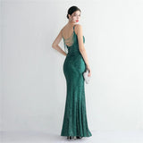 Women Backless Green Sequin Strap Beading Party Maxi Dress Sexy Slit Evening Dress Long Prom Dress