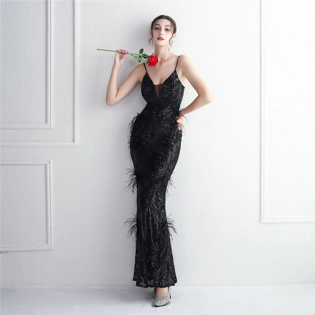 Women Sexy Party Maxi Dress Strap V Neck Feather Evening Black Sequin Long Prom Dress