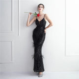 Women Sexy Party Maxi Dress Strap V Neck Feather Evening Dress Black Sequin Long Prom Dress